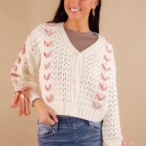 Women's Cream Cardigan with Pink Lace Ribbon